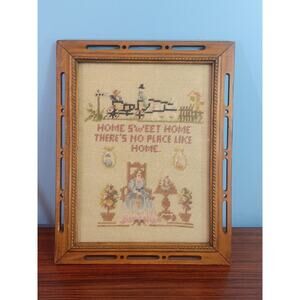 Vintage Amish No Place Like Home Framed Cross Stitch Colorful Picture Floral